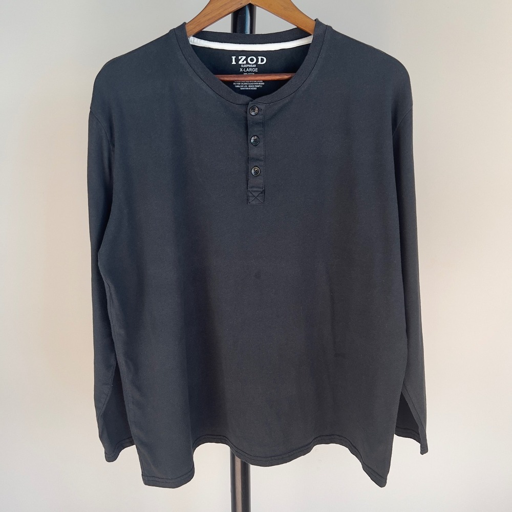 IZOD Sleepwear Mens XL Black Long Sleeve Henley Shirt 100% Cotton Lounge Tee